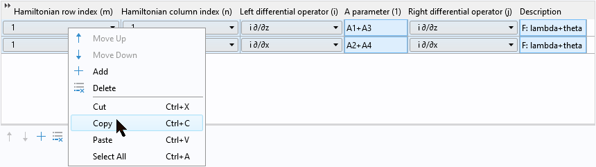 A screenshot how to copy selected rows in a table of values.