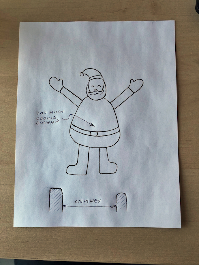 A sketch of Santa above a chimney on a white sheet of paper with the dimensions labeled.