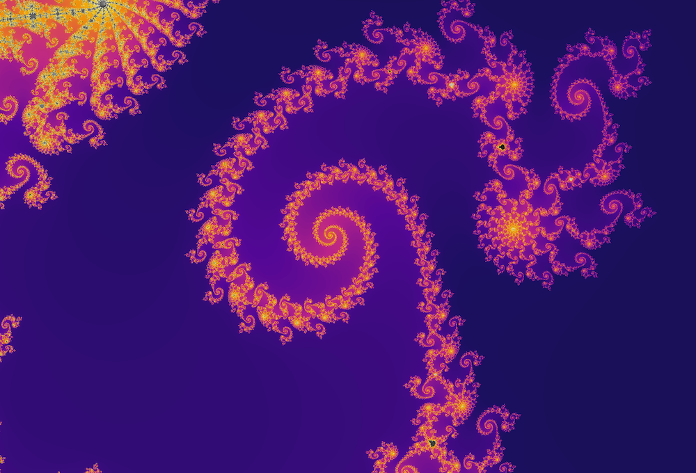 A view of a Mandlebrot set approaching its boundary, with 300 iterations of spiral structures shown in lighter and lighter colors and surrounded in purple.