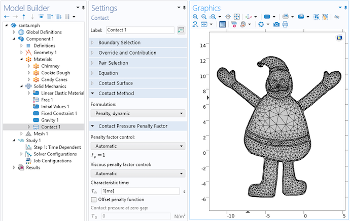 comsol Multiphysics用户界面及其触点设置打开，并在图形窗口中的圣诞老人网格。