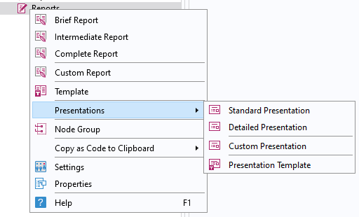 A screenshot of the Presentations submenu in COMSOL Multiphysics for generating a Microsoft Powerpoint presentation from your model results.