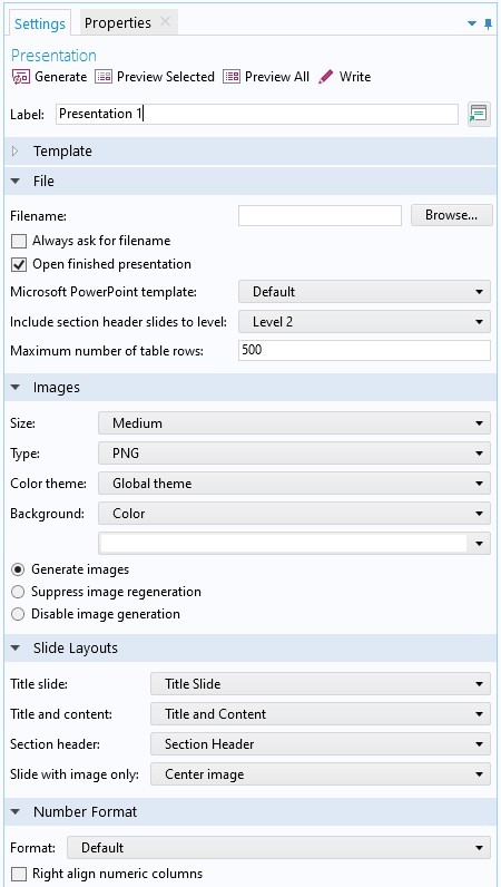 A screenshot of the settings for the main Presentations node with the File, Images, Slide Layouts, and Number Format options expanded.