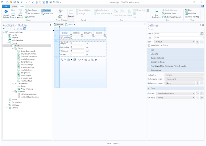 A screenshot of the Application Builder with the main form open to twelve local forms and many other customizable options.