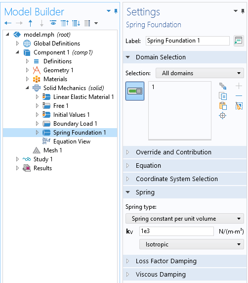 A screenshot of the Spring Foundation feature Settings window with the Domain Selection and Spring sections expanded.