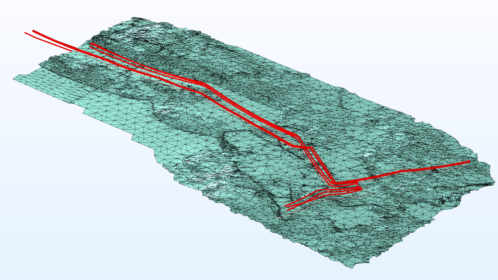 An image of a transmission line model with the lines in red and the topology of the surrounding area shown in teal.