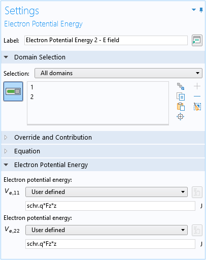 A screenshot of the Electron Potential Energy settings used to set up the confinement potential energy term for the electric field.