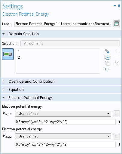 A screenshot of the Electron Potential Energy settings used to set up the confinement potential energy term for the lateral harmonic trapping.