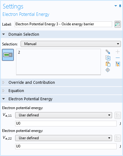 A screenshot of the Electron Potential Energy settings used to set up the confinement potential energy term for the oxide barrier.