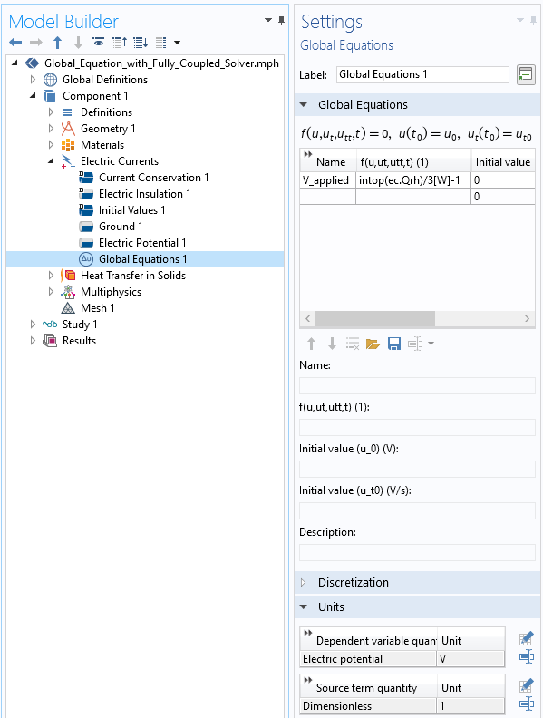 A screenshot of the Global Equations settings within the Electric Currents interface node.