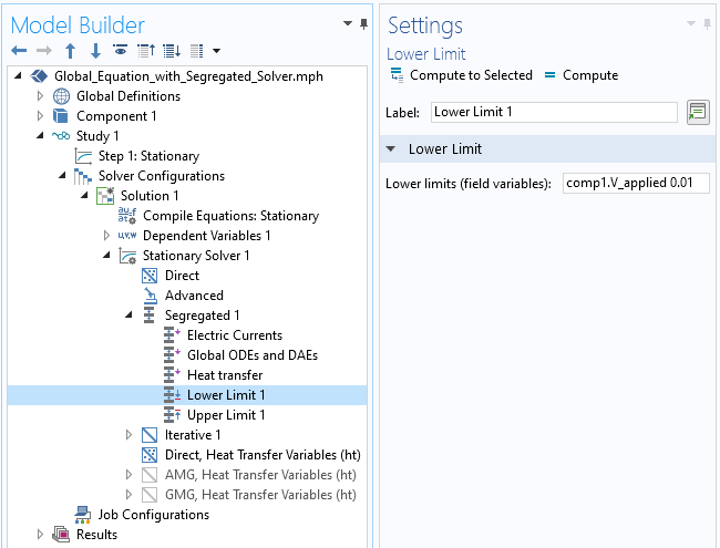 A screenshot of the Lower Limit Settings window used to implement a lower limit in the segregated solver.