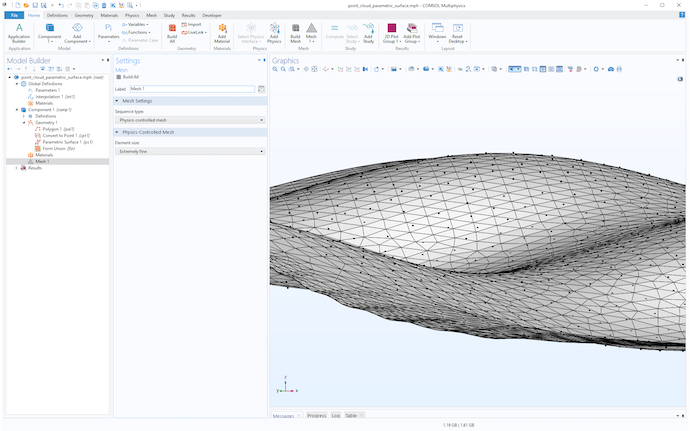 A visualization of the meshed point cloud and parametric surface geometry object in the Model Builder Graphics window.
