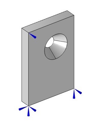 The flat plate model with the off-center hole and three point displacement constraints visualized with blue arrows.