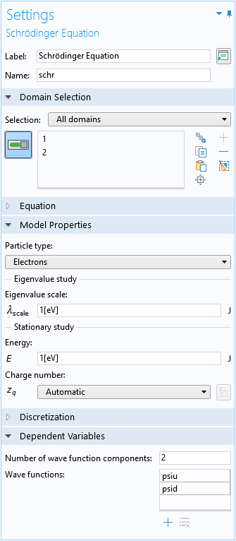 A screenshot of the Settings window for the Schrödinger Equation interface with the Dependent Variables section expanded to include two wave function components.