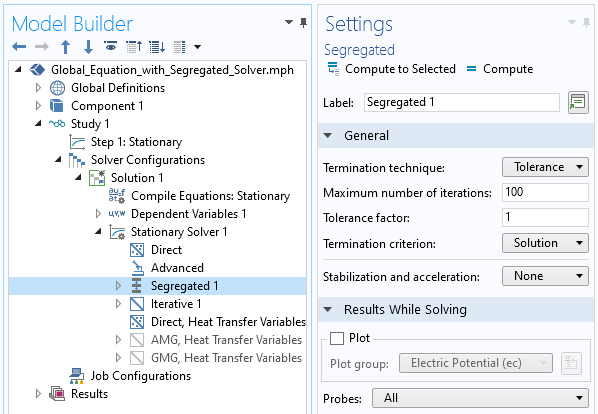 A screenshot of the segregated solver settings with the General and Results While Solving sections expanded to show how to plot probes at every iteration.