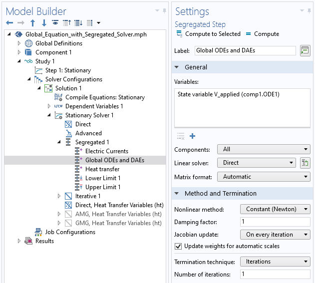 A screenshot of the Settings window for the segregated solver, with the General and Method and Termination sections expanded to implement the global equation.