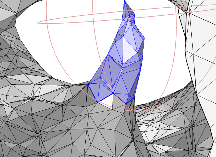 The meshed object with the spike highlighted in blue and a pink circle highlighting the Partition with ball operation including all of the mesh element vertices.