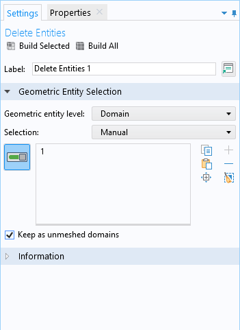 The COMSOL Multiphysics UI showing the Delete Entities settings window.