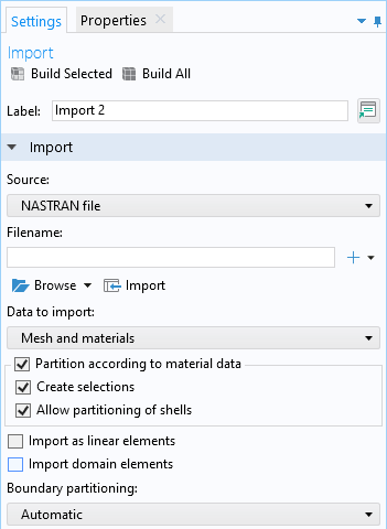 The COMSOL Multiphysics UI showing the Import settings window.