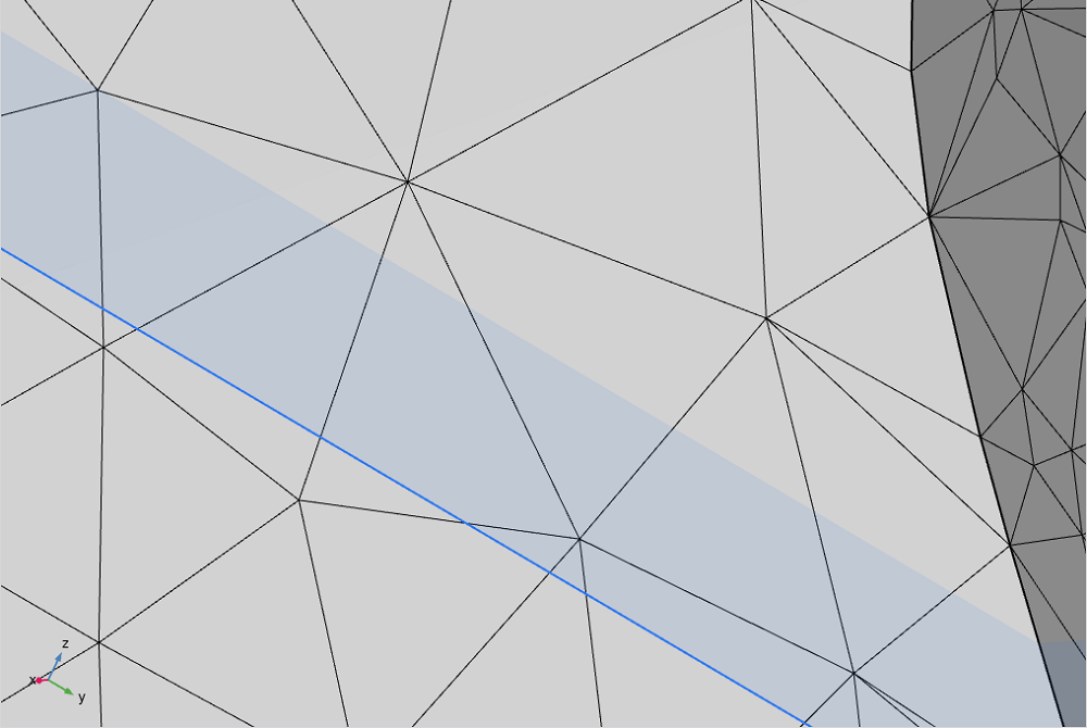使用平面相交操作后的网格特写图，受影响的区域用蓝色突出显示。