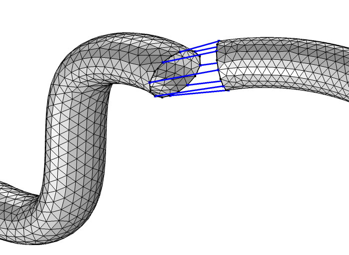 Two meshed pipes with their disconnected edges joined by the Create Edges operation, visualized in blue lines.