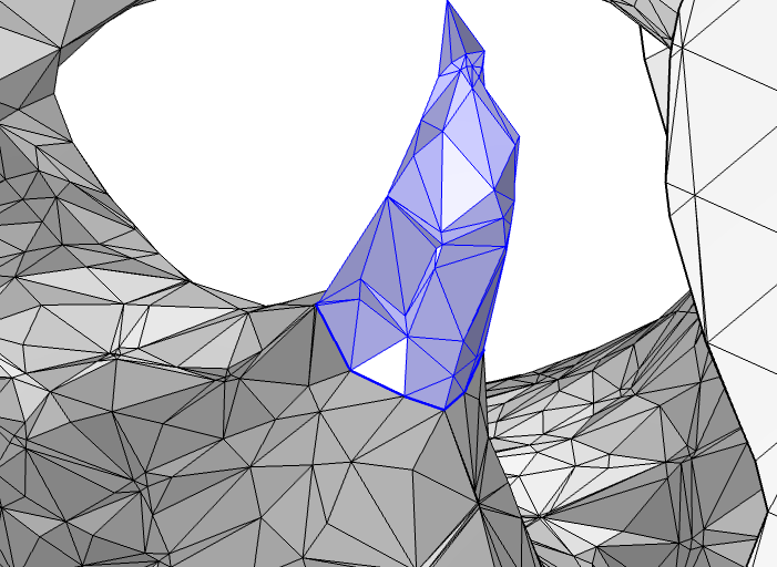 A close-up image of the the meshed spike after using the Create Edges operation, with the bottom edge having a more even shape.