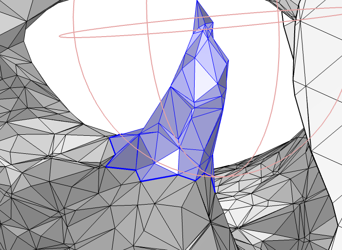 A meshed object with a spike highlighted in blue and a pink circle highlighting the Partition with ball operation that includes some mesh element vertices.