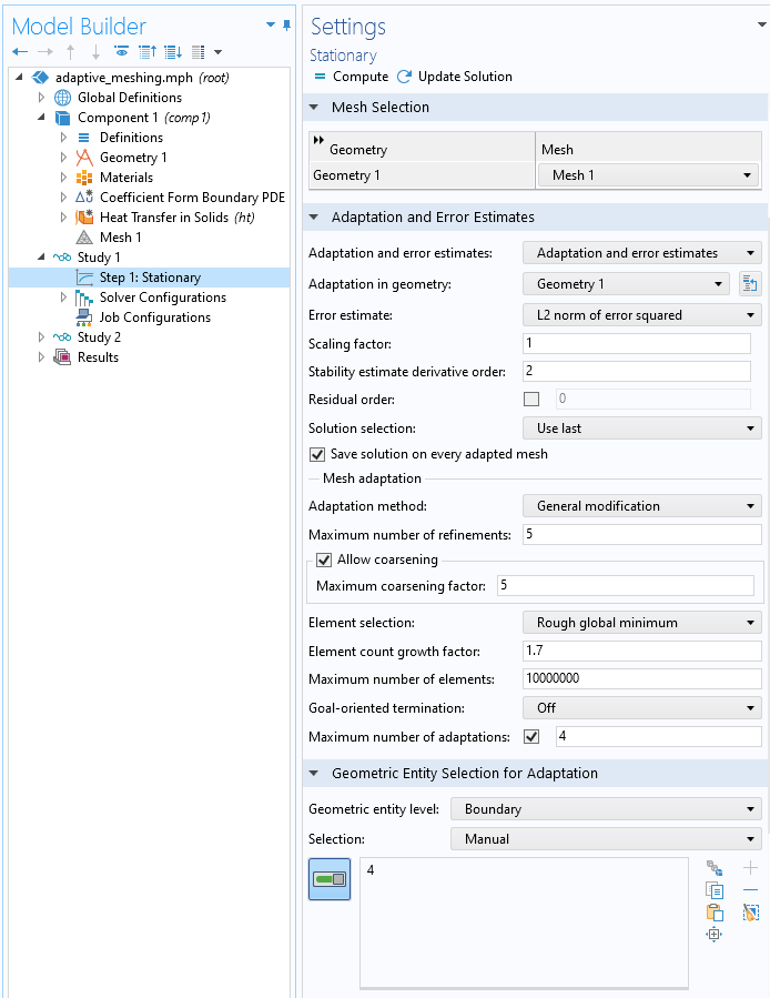 A screenshot of the Settings window for the adaptive mesh refinement, with the Adaptation and Error Estimates and Geometric Entity Selection for Adaptation sections expanded.