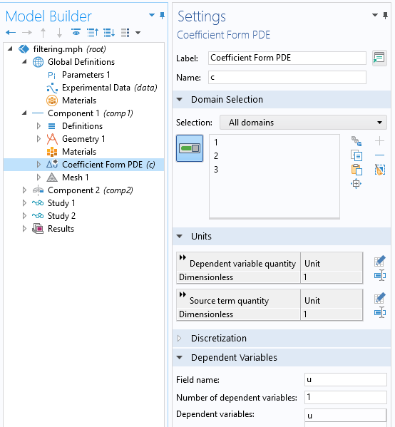 A screenshot of the settings for the Coefficient Form PDE feature with the Domain Selection, Units, and Dependent Variables sections expanded.