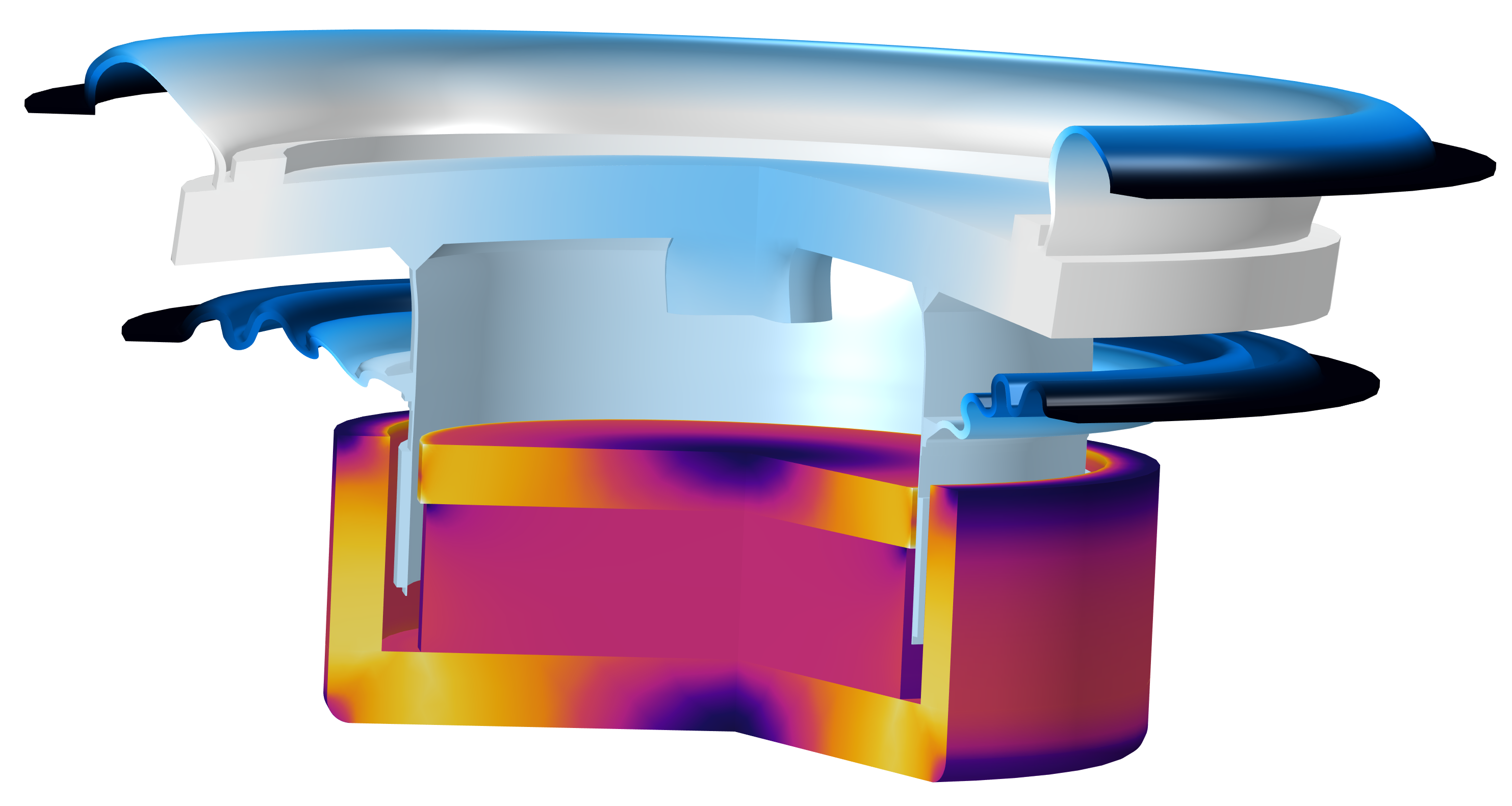 A fully coupled BMR speaker model with the diaphragm visualized in a blue color gradient and the driver visualized in magenta and orange.