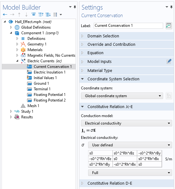 A screenshot of the settings for the Current Conservation feature, with the Coordinate System Selection and Constitutive Relation sections expanded.
