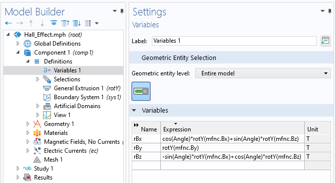 A screenshot of the Variables Settings window with the Variables section expanded to define the rotated magnetic field components.