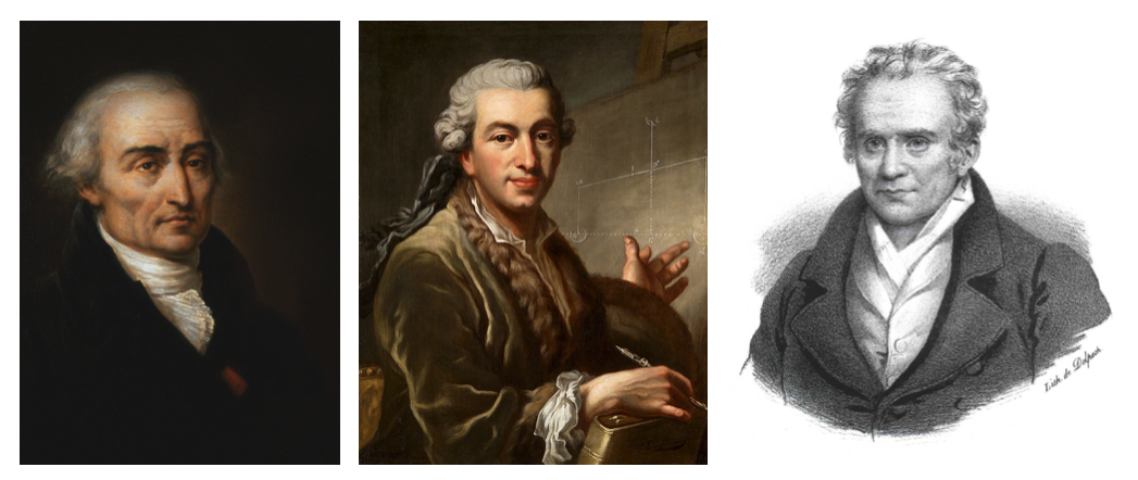 3 side-by-side portraits of Joseph-Louis Lagrange, Pierre-Simon Laplace, and Gaspard Monge, all of whom had a profound impact on Joseph Fourier.