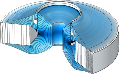 Bild eines magnetischen Kreises für einen Lautsprecher mit Visualisierung der optimierten Topologie durch einen blauen Farbverlauf.