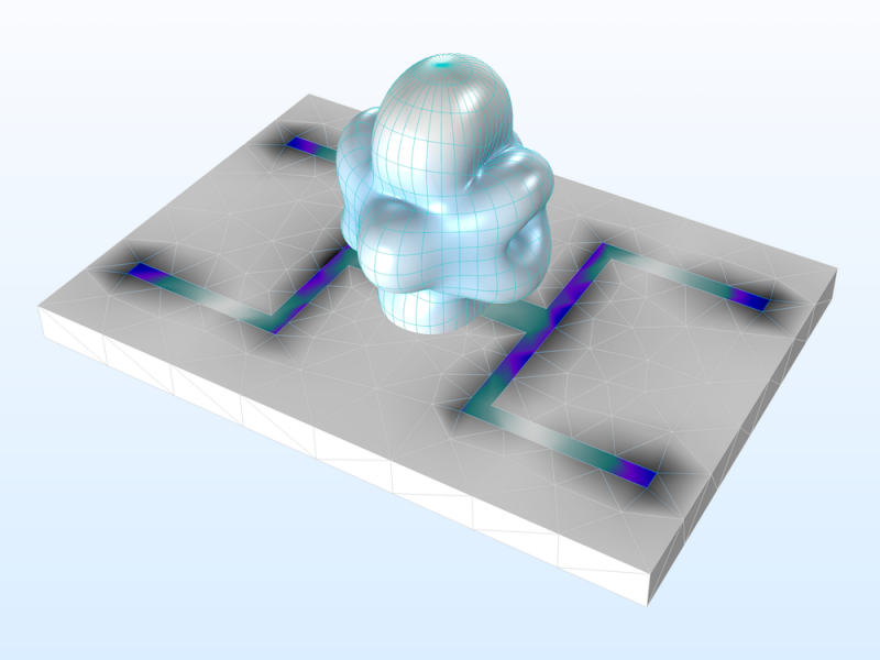 A printed dual-band strip antenna model visualized on a gray substrate with blue and green showing the electromagnetic phenomena.