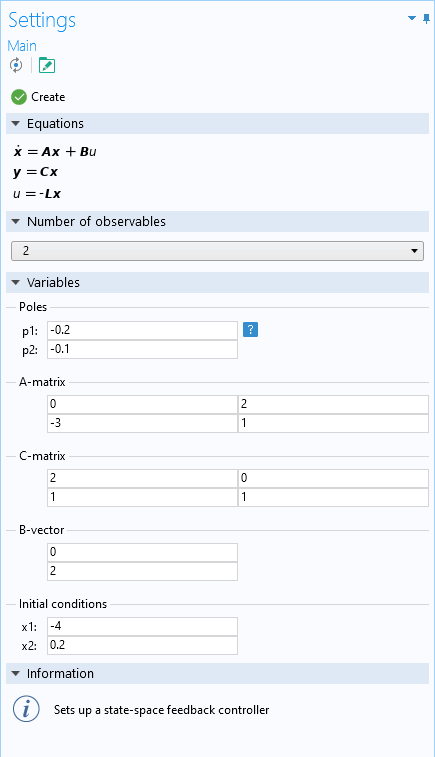 A screenshot of the State-Space Controller add-in settings, with the Equations, Number of observables, and Variables sections expanded.