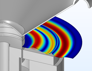 A view of a loudspeaker model with an optimized spider visualized in a rainbow color table.