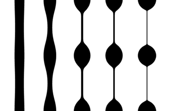 5 side-by-side figures showing the profiles of an Oldroyd-B polymer filament at different time steps.