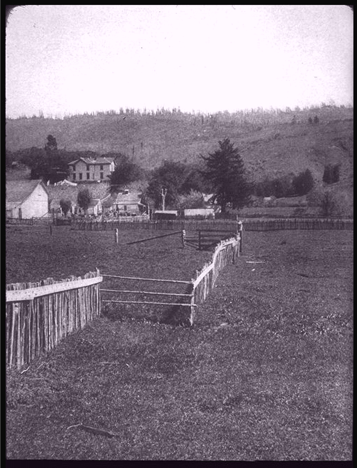 A grayscale photograph from 1906 showing yard that lies over the San Andreas Fault line, with an 8-foot break in a picket fence.