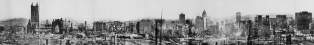 这是一张 1906 年地震后旧金山天际线的黑白照片，照片中显示了被摧毁的建筑物和瓦砾。