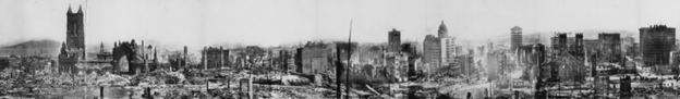 A black-and-white photo of the skyline of San Francisco after the 1906 earthquake, showing ruined buildings and rubble.