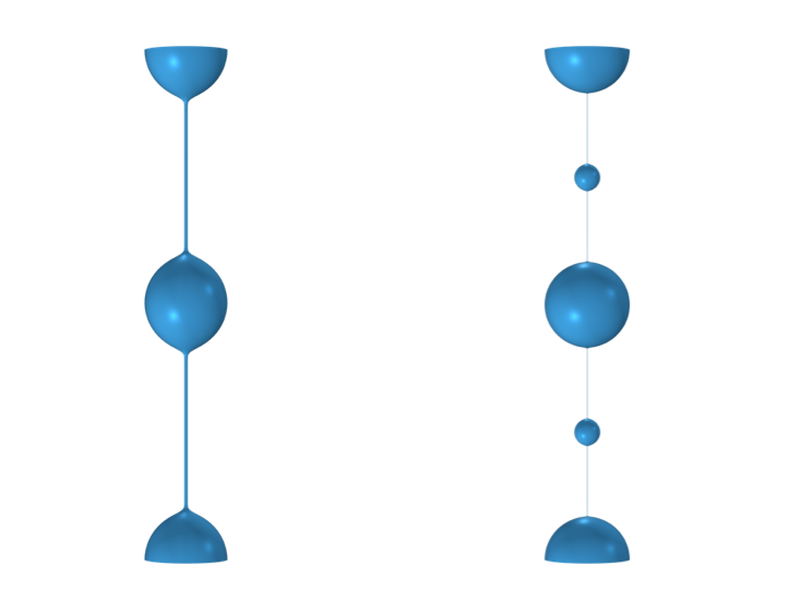 A filament of viscoelastic fluid with beadlike drops connected by a thin thread, and visualized in blue (left). A filament of viscoelastic fluid with large, beadlike drops and smaller satellite drops in between, visualized in blue (right).