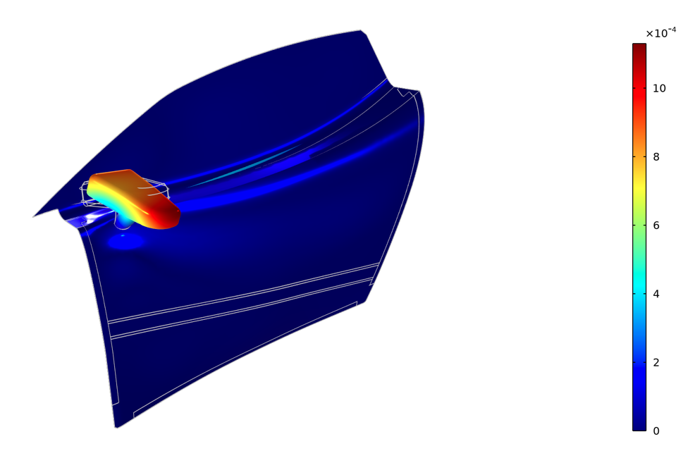 COMSOL Multiphysics でモデル化されたスポーツカーのサイドドアの50Hzにおける周波数応答の可視化図. 