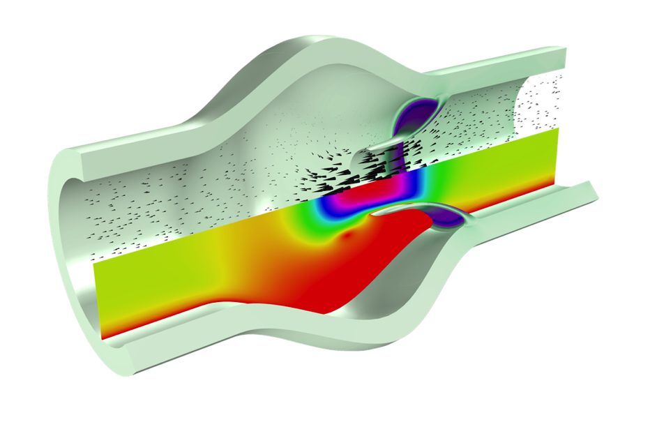 A simulation of blood flow through a heart valve modeled in a rainbow color table, a common FSI problem.