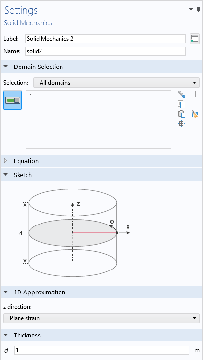 A screenshot of the Solid Mechanics 2 Settings window with the Domain Selection, Sketch, 1D Approximation, and Thickness sections expanded.