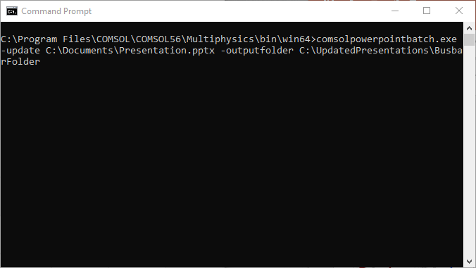 A screenshot of the Command Prompt window with a command line typed in for running batch updates of PowerPoint presentations.