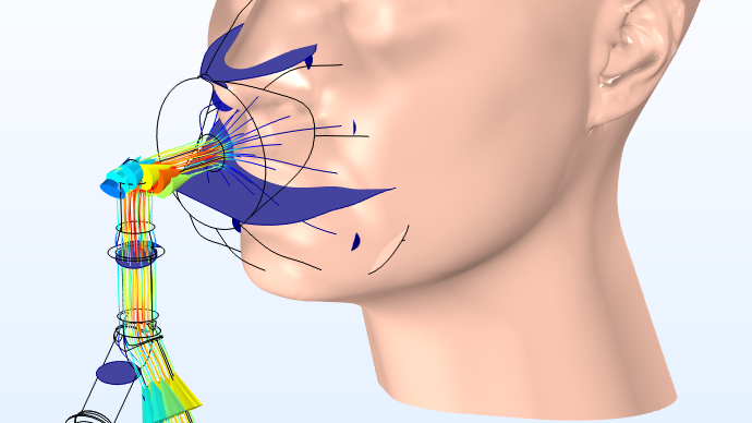 Modèle de masque VNI pour les patients COVID-19 placé sur la tête d'un mannequin.