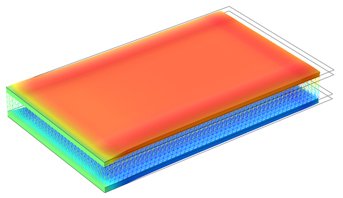 An image of a layered shell model with a piezoelectric layer shown in blue in the middle.