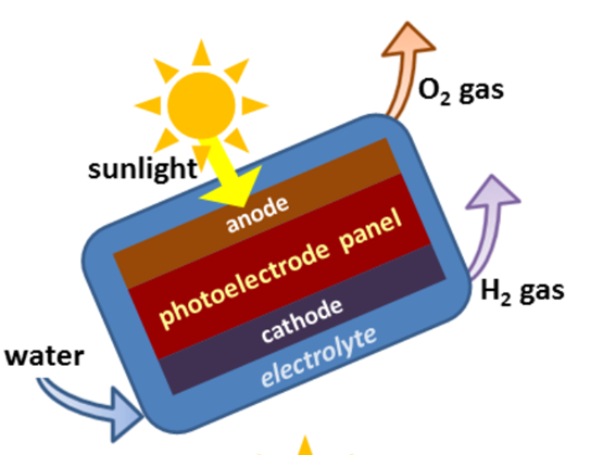A schematic of a PEC cell, with the anode, photoelectrode panel, cathode, electrolyte, water, sunlight, and gases labeled.