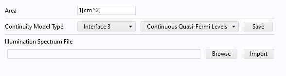 A screenshot of the Global Conditions tab in the SolCelSim app for analyzing solar cell designs, with drop-down menus called Interface 3 and Continuous Quasi-Fermi Levels, respectively.