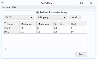 Cu20 レイヤーと NDoping のパラメーターを表示するドロップダウンメニューを備えた SolCelSim アプリのスクリーンショット.